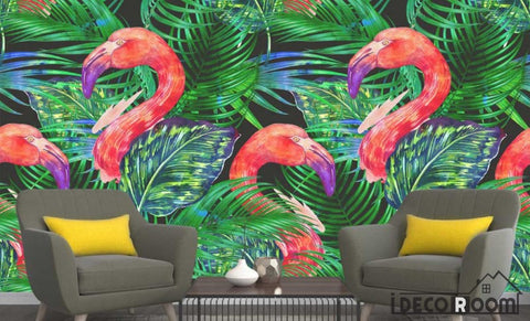 Image of Nordic green leaf flamingo wallpaper wall murals IDCWP-HL-000397