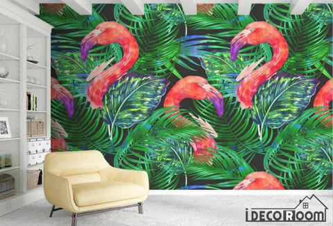 Image of Nordic green leaf flamingo wallpaper wall murals IDCWP-HL-000397