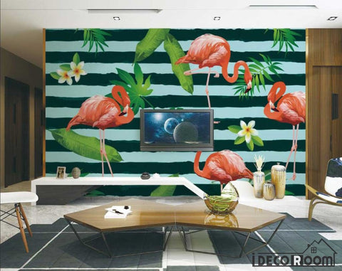 Image of Tropical plant flamingo stripe sofa wallpaper wall murals IDCWP-HL-000402