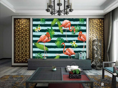 Image of Tropical plant flamingo stripe sofa wallpaper wall murals IDCWP-HL-000402