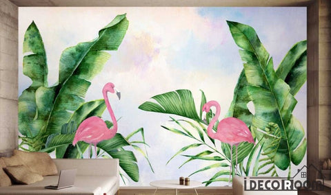 Image of Nordic minimalist flamingo plant green leaves wallpaper wall murals IDCWP-HL-000411
