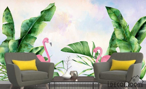Image of Nordic minimalist flamingo plant green leaves wallpaper wall murals IDCWP-HL-000411