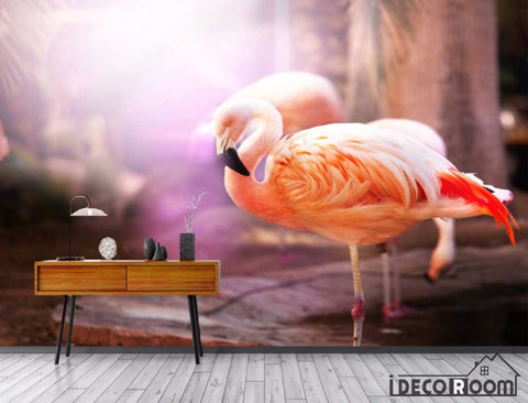 Image of Red tropical sun flamingo wallpaper wall murals IDCWP-HL-000412