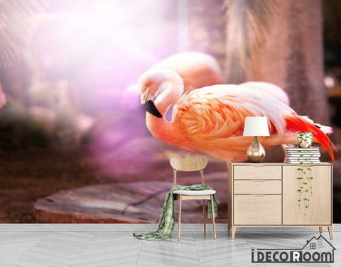 Image of Red tropical sun flamingo wallpaper wall murals IDCWP-HL-000412