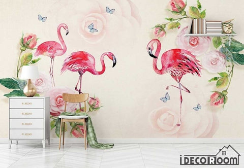 Image of Watercolor green leafy camellia flamingo wallpaper wall murals IDCWP-HL-000415