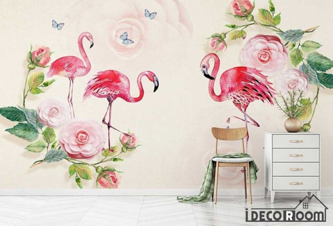 Image of Watercolor green leafy camellia flamingo wallpaper wall murals IDCWP-HL-000415