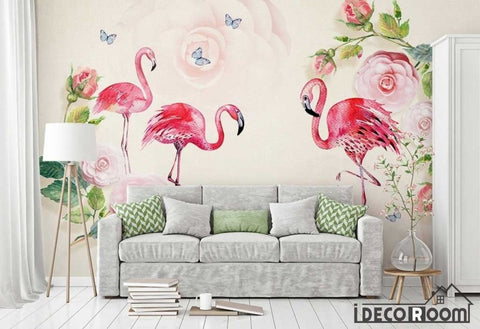 Image of Watercolor green leafy camellia flamingo wallpaper wall murals IDCWP-HL-000415