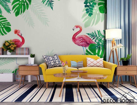 Image of Nordic banana rainforest flamingo red bird wallpaper wall murals IDCWP-HL-000418