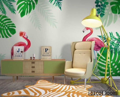 Image of Nordic banana rainforest flamingo red bird wallpaper wall murals IDCWP-HL-000418