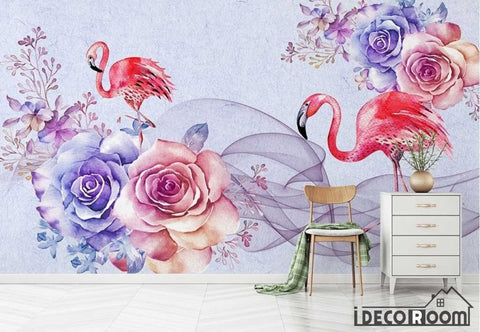 Image of romantic watercolor flowers Flamingo wallpaper wall murals IDCWP-HL-000424