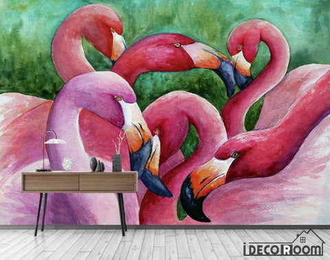 Image of Watercolor flamingo wall mural with pink birds