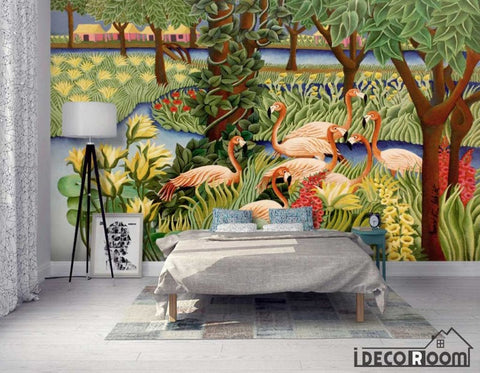 Image of Modern flamingo forest rustic wallpaper wall murals IDCWP-HL-000431