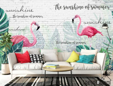 Image of Modern white brick wall nordic flamingo monstera wallpaper wall murals IDCWP-HL-000433