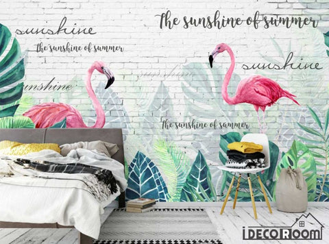 Image of Modern white brick wall nordic flamingo monstera wallpaper wall murals IDCWP-HL-000433