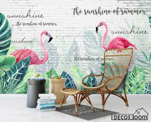 Image of Modern white brick wall nordic flamingo monstera wallpaper wall murals IDCWP-HL-000433