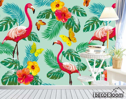 Image of Nordic abstract flamingo banana leaf floral wallpaper wall murals IDCWP-HL-000443