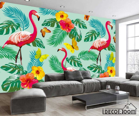 Image of Nordic abstract flamingo banana leaf floral wallpaper wall murals IDCWP-HL-000443