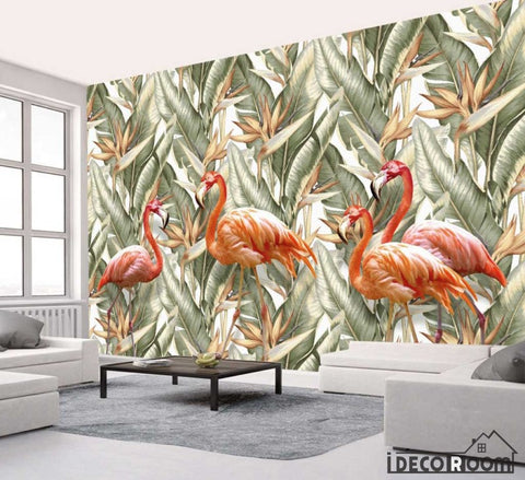 Image of palm leaf tropical rainforest plant flamingo wallpaper wall murals IDCWP-HL-000445