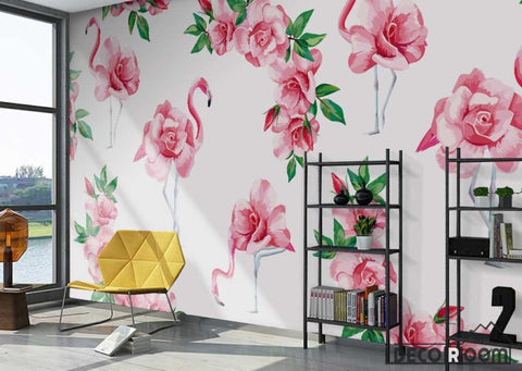 Image of Modern minimalist watercolor flamingo flowers wallpaper wall murals IDCWP-HL-000452