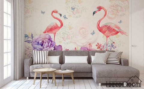 Image of Nordic romantic watercolor flowers Flamingo wallpaper wall murals IDCWP-HL-000460