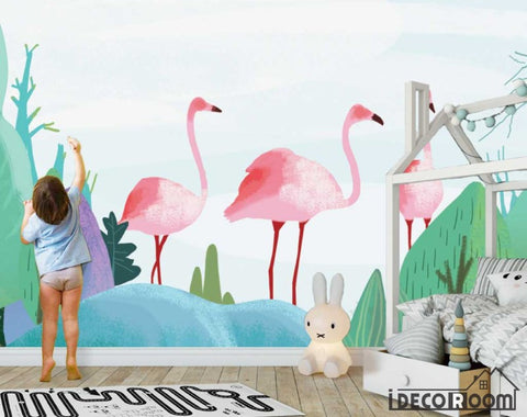 Image of Nordic plant rainforest flamingo cartoon wallpaper wall murals IDCWP-HL-000475