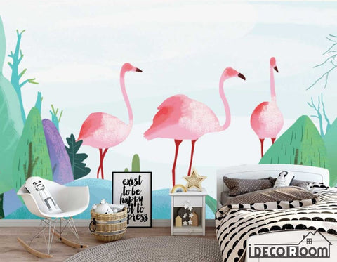 Image of Nordic plant rainforest flamingo cartoon wallpaper wall murals IDCWP-HL-000475