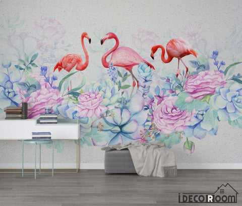 Image of Nordic plant flowers flamingo wallpaper wall murals IDCWP-HL-000481