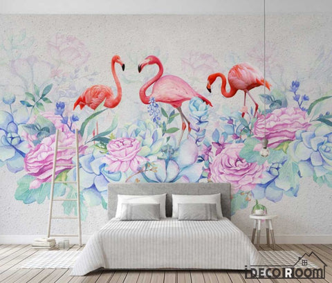Image of Nordic plant flowers flamingo wallpaper wall murals IDCWP-HL-000481