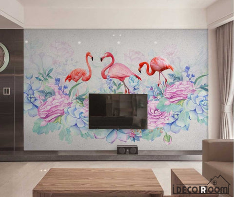 Image of Nordic plant flowers flamingo wallpaper wall murals IDCWP-HL-000481
