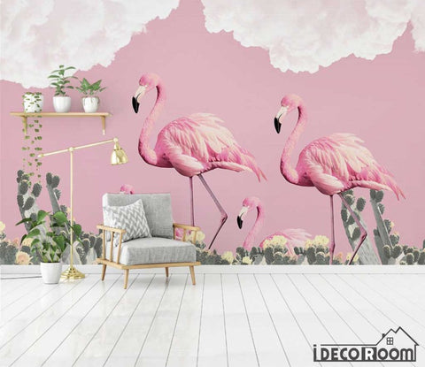Image of Nordic minimalist flamingo cactus romantic wallpaper wall murals IDCWP-HL-000482