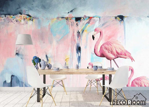 Image of modern minimalist oil painting line flamingo wallpaper wall murals IDCWP-HL-000483