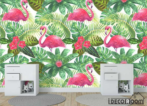 Image of Nordic watercolor flamingos tropical wallpaper wall murals IDCWP-HL-000486