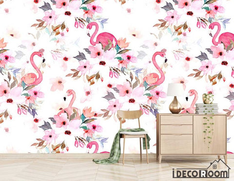 Image of Nordic flamingo floral wallpaper wall murals IDCWP-HL-000487