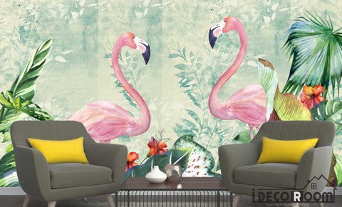 Image of Nordic plant leaf flamingo wallpaper wall murals IDCWP-HL-000490