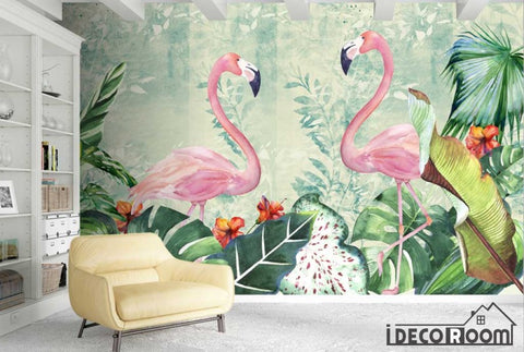 Image of Nordic plant leaf flamingo wallpaper wall murals IDCWP-HL-000490