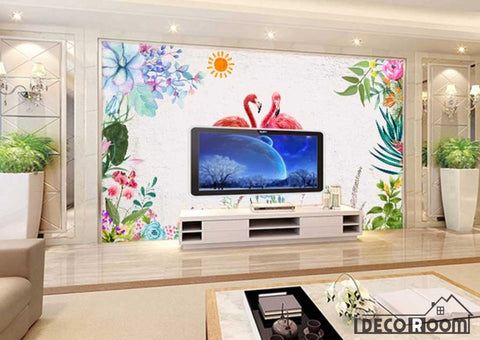 Image of Nordic retro floral flamingo sofa wallpaper wall murals IDCWP-HL-000491