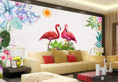 Image of Nordic retro floral flamingo sofa wallpaper wall murals IDCWP-HL-000491