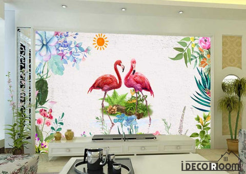 Image of Nordic retro floral flamingo sofa wallpaper wall murals IDCWP-HL-000491
