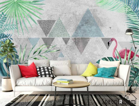 Image of Gray cement wall art tropical plant flamingo wallpaper wall murals IDCWP-HL-000505