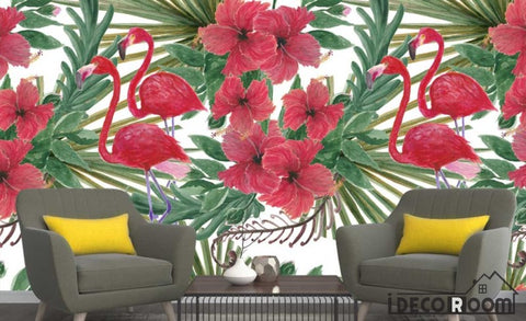 Image of Nordic plant leaves flowers flamingos wallpaper wall murals IDCWP-HL-000510