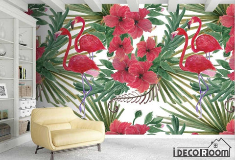 Image of Nordic plant leaves flowers flamingos wallpaper wall murals IDCWP-HL-000510