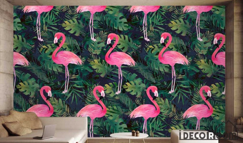 Image of Nordic plant green leaf flamingo wallpaper wall murals IDCWP-HL-000516