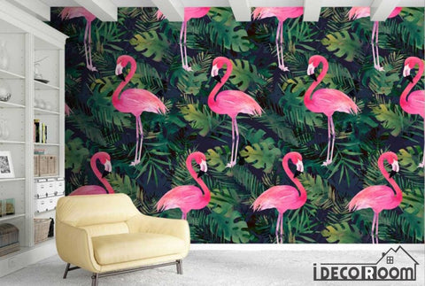 Image of Nordic plant green leaf flamingo wallpaper wall murals IDCWP-HL-000516