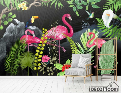 Image of tropical rainforest flamingo wallpaper wall murals IDCWP-HL-000518