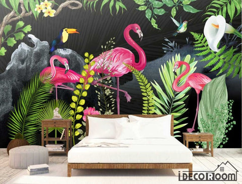 Image of tropical rainforest flamingo wallpaper wall murals IDCWP-HL-000518