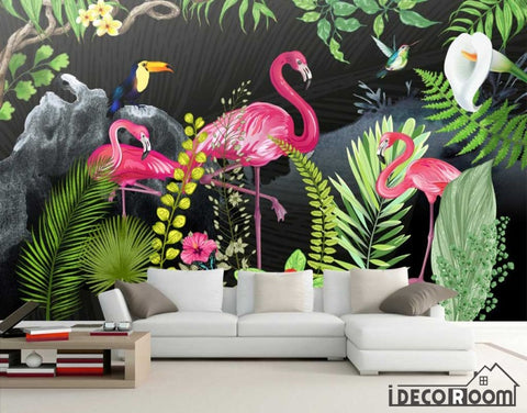 Image of tropical rainforest flamingo wallpaper wall murals IDCWP-HL-000518