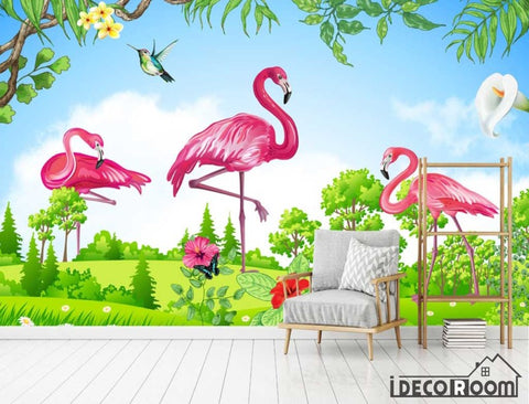 Image of green scenery flamingo wallpaper wall murals IDCWP-HL-000520