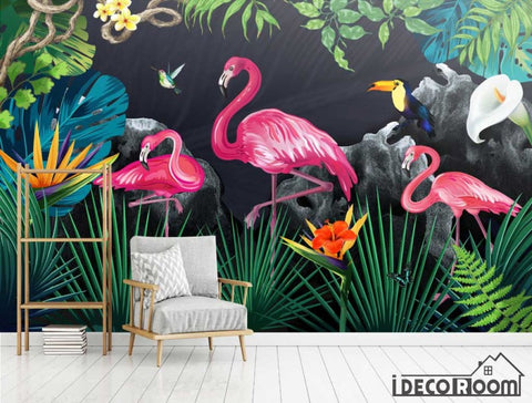 Image of tropical rainforest flamingo sofa wallpaper wall murals IDCWP-HL-000525