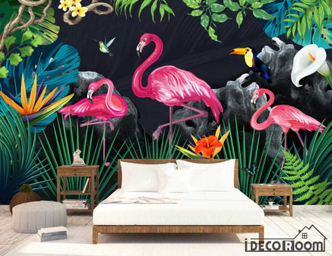 Image of tropical rainforest flamingo sofa wallpaper wall murals IDCWP-HL-000525