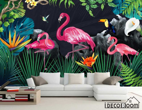 Image of tropical rainforest flamingo sofa wallpaper wall murals IDCWP-HL-000525
